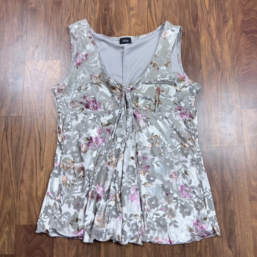 Y2K Silver Floral Velvet Burnout Lace Up Sleeveless Top XL Vintage Shimmer